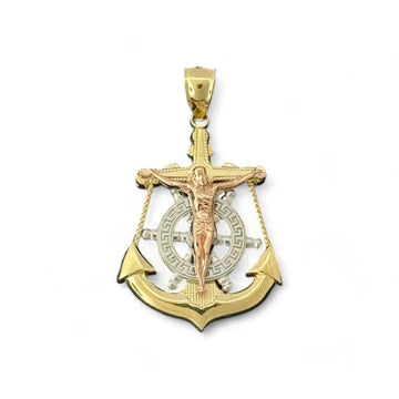 14KT Tri-Tone Gold Crucifix with Anchor and Ship Wheel Pendant