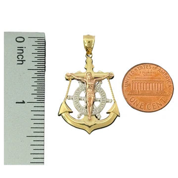 14KT Tri-Tone Gold Crucifix with Anchor and Ship Wheel Pendant