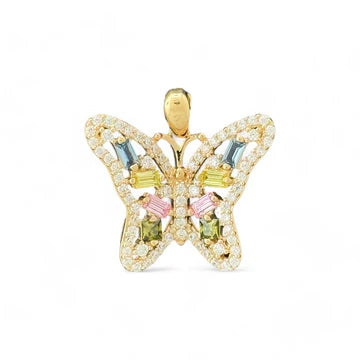 14KT Yellow Gold Butterfly Pendant with Multicolor CZ Stones