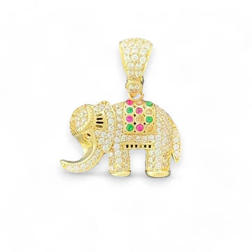 14KT Yellow Gold Elephant Pendant with Multicolor CZ Stones