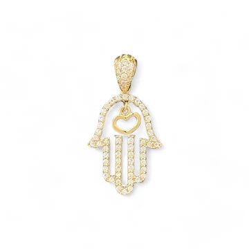 14KT Yellow Gold Hamsa Hand Pendant with Hanging Heart