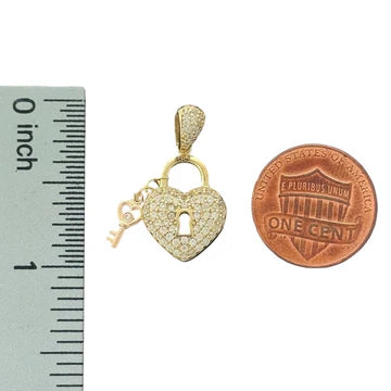 14KT Yellow Gold Heart Lock Pendant with Key and CZ Stones