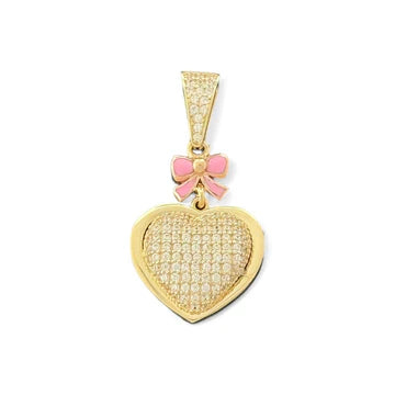 14KT Yellow Gold Heart Pendant with Pink Bow and CZ Stones