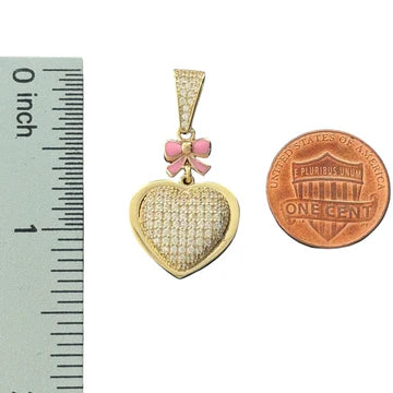 14KT Yellow Gold Heart Pendant with Pink Bow and CZ Stones