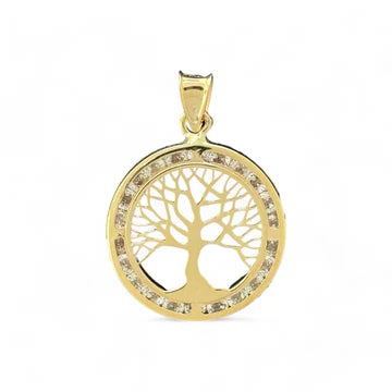 14KT Yellow Gold Round Tree of Life Pendant with CZ Accents