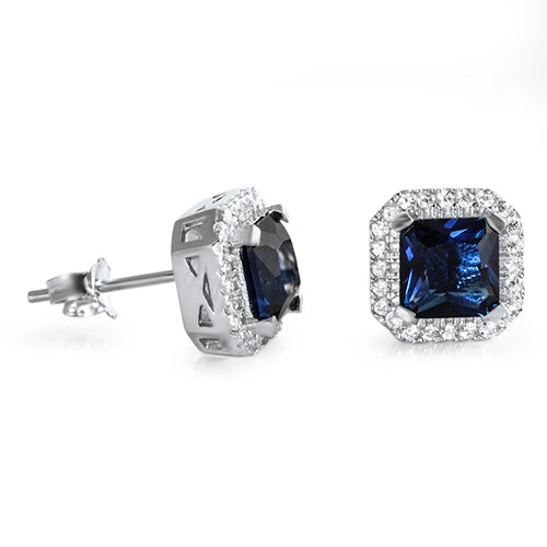 Square Silver CZ Earring Blue  , EC411033