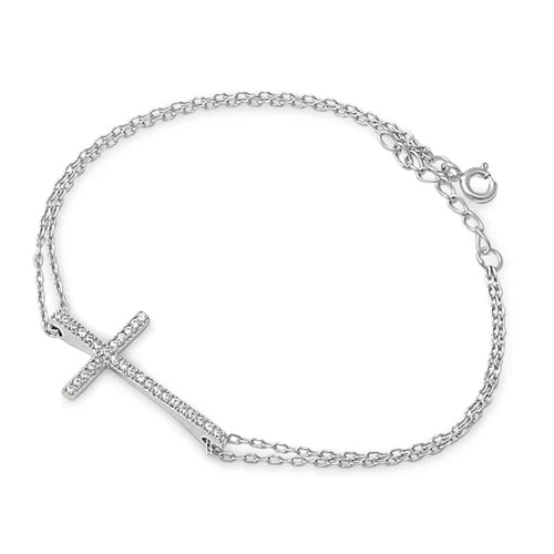 Silver CZ Bracelet - Sideway Cross BC510432