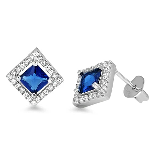 Silver  Earring Blue Sapphire, Clear CZ EC411072