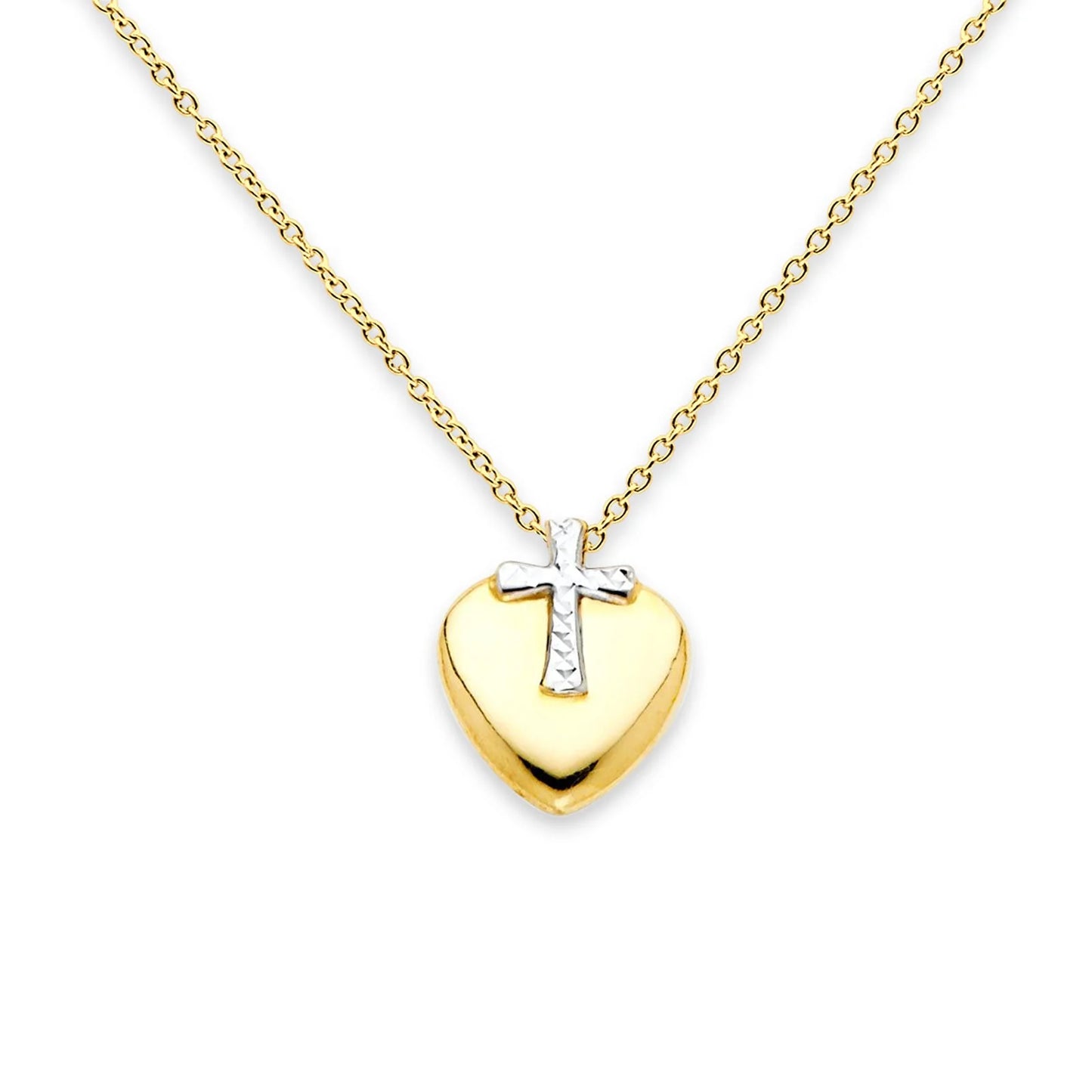 14K Two Tone Gold Cross Heart Necklace 18  14KGOLD-NK-0150-TT-YG