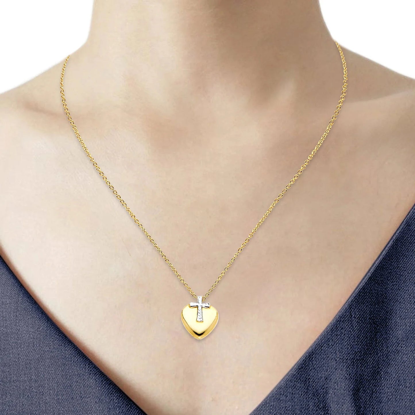 14K Two Tone Gold Cross Heart Necklace 18  14KGOLD-NK-0150-TT-YG