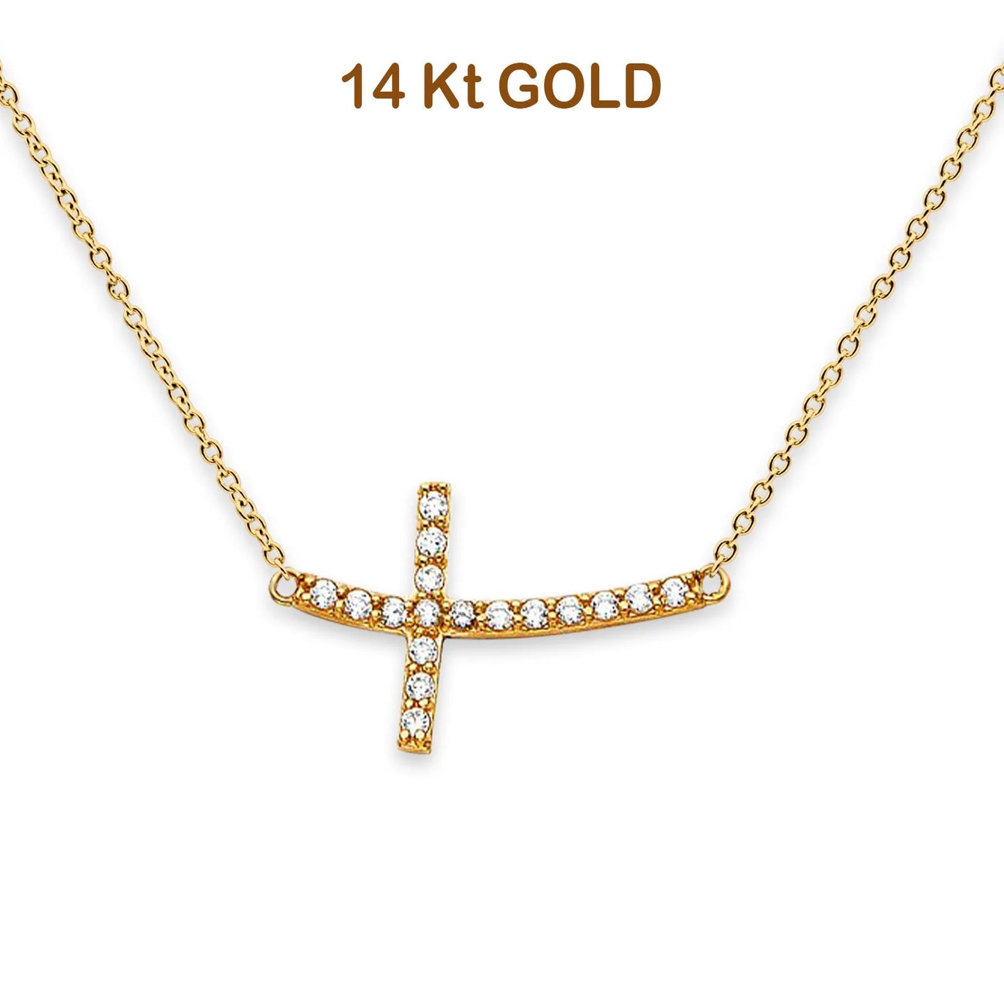 14K Yellow Gold Bended CZ Sideways Cross Necklace 18  14KGOLD-NK-0130-YG