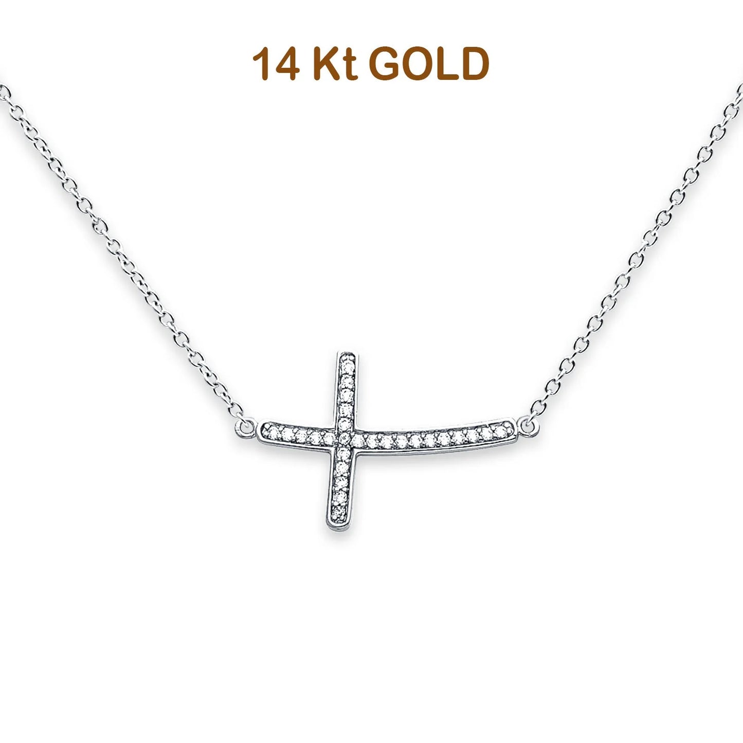 14K White Gold CZ Side Way Cross Necklace 18  14KGOLD-NK-0205-WG