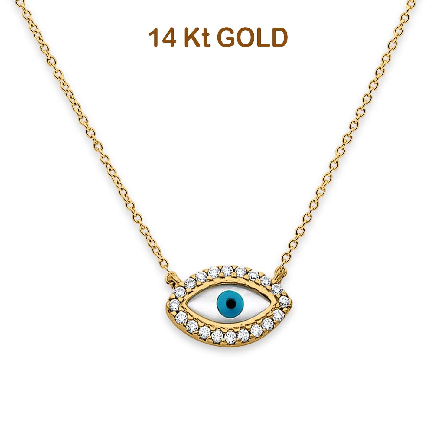 14K Yellow Gold CZ Evil Eye Necklace 18  14KGOLD-NK-0228-YG