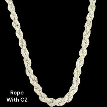 Sterling Silver Rope with CZ Necklace 12mm