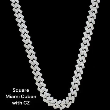 Sterling Silver Square Miami Cuban CZ Necklace 8mm