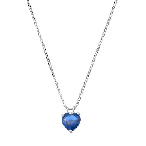 Silver CZ Necklace - Heart Solitaire  Blue Sapphire CZ NC710988-BS