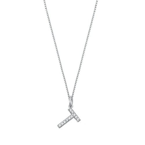 Silver CZ Initial Necklace - T