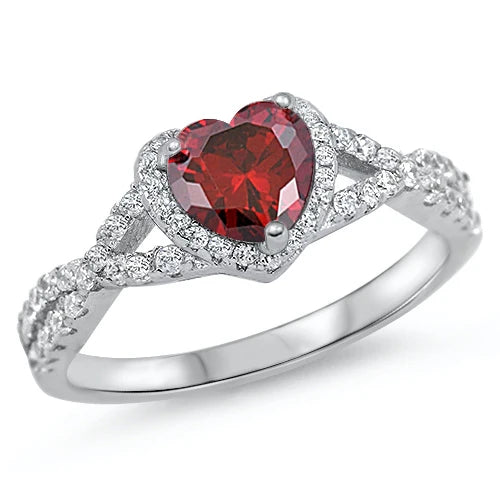 Silver Garnet, Clear CZ Ring - Heart RC105138-GN