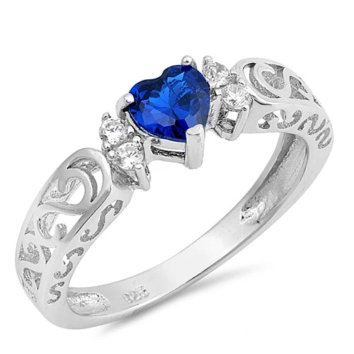 Silver Blue Sapphire and Clear Ring - Heart